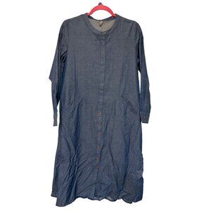 Denim-Style Cotton Tunic Dress With Hidden Buttons & Pockets Medium NWT